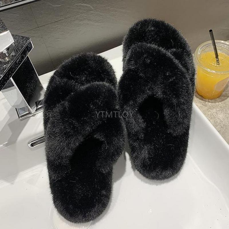 Women's Fluffy Fur Cross Band Memory Foam House Slippers