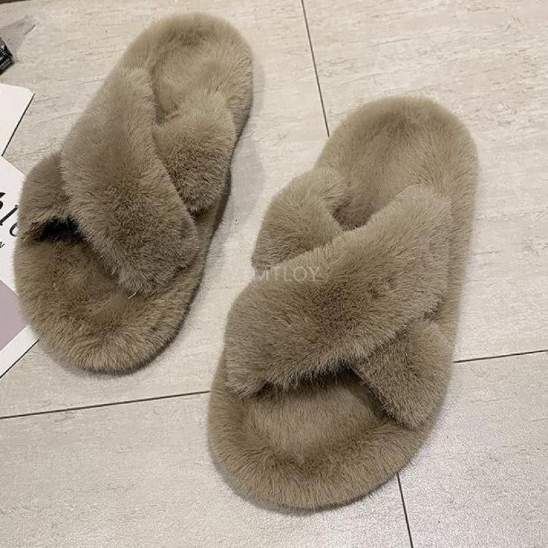 Women's Fluffy Fur Cross Band Memory Foam House Slippers