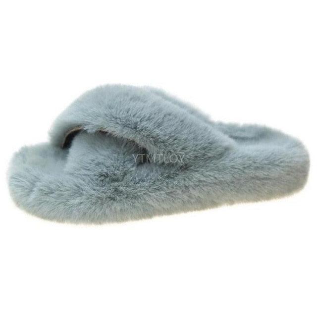 Women's Fluffy Fur Cross Band Memory Foam House Slippers