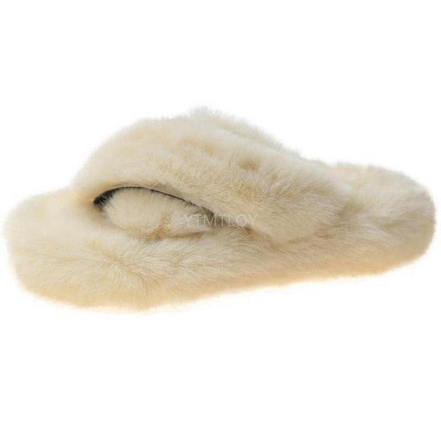 Women's Fluffy Fur Cross Band Memory Foam House Slippers