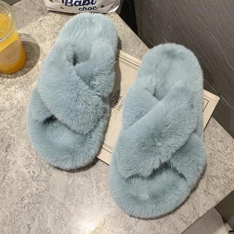 Women's Fluffy Fur Cross Band Memory Foam House Slippers
