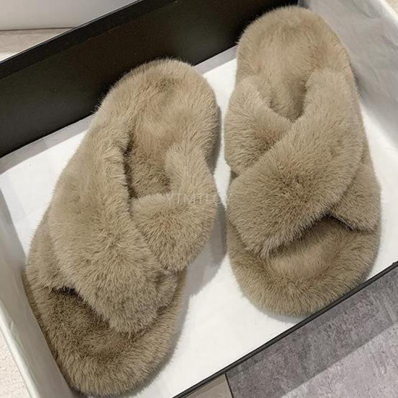 Women's Fluffy Fur Cross Band Memory Foam House Slippers