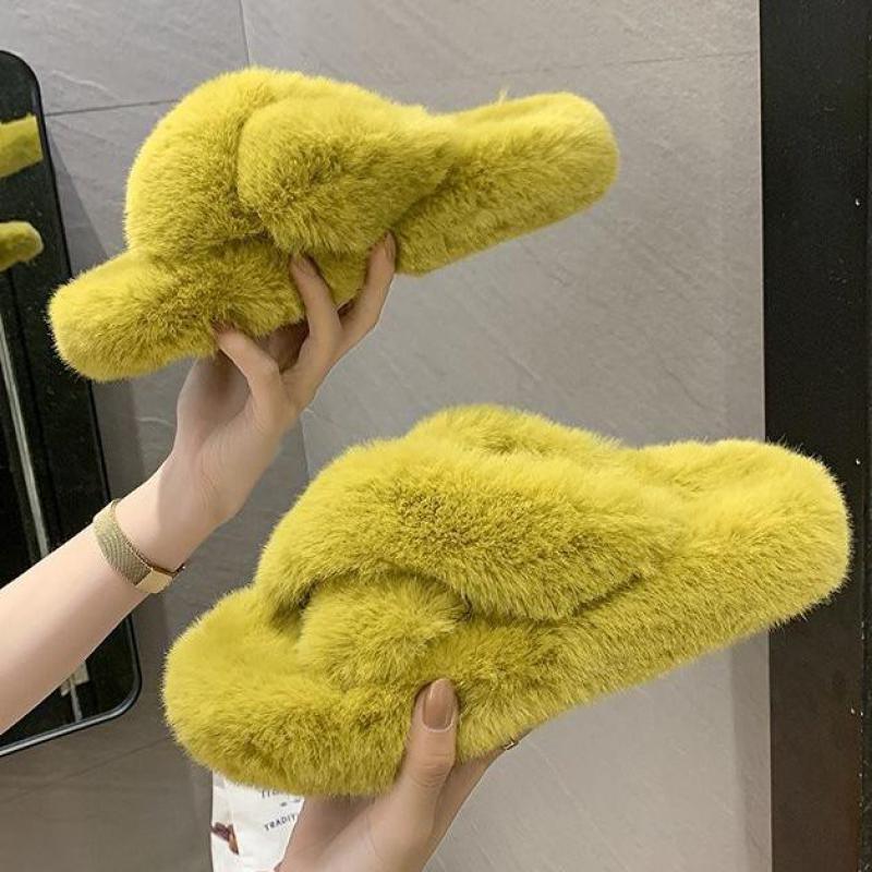 Women's Fluffy Fur Cross Band Memory Foam House Slippers