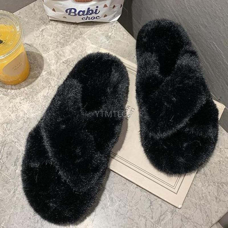 Women's Fluffy Fur Cross Band Memory Foam House Slippers