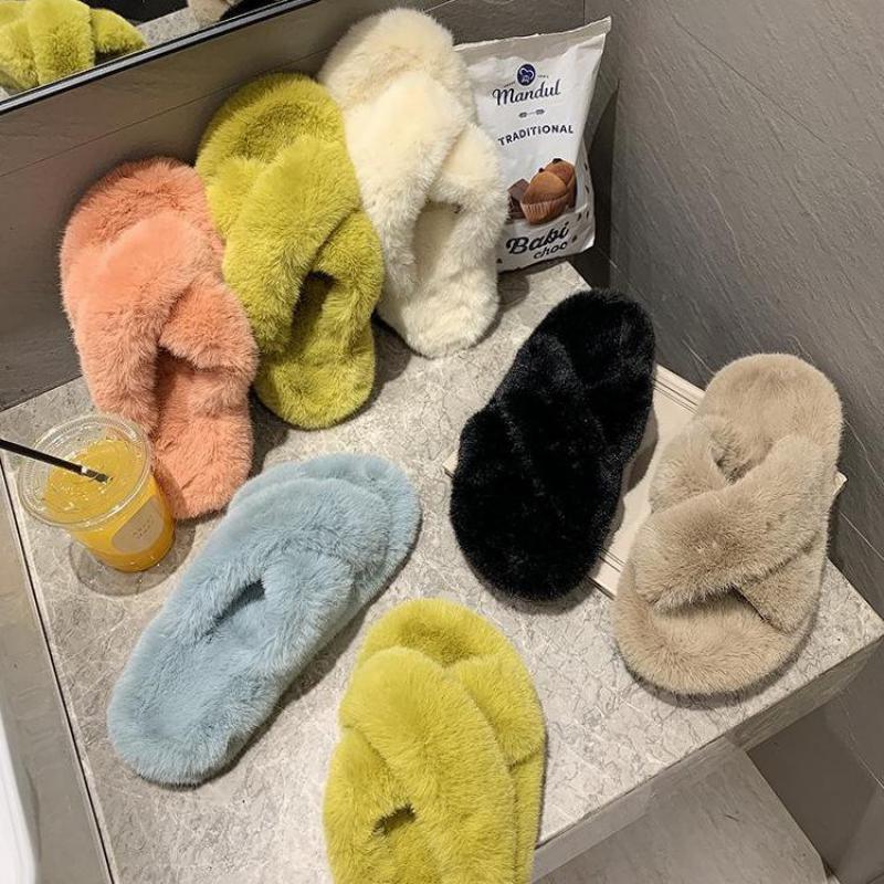 Women's Fluffy Fur Cross Band Memory Foam House Slippers