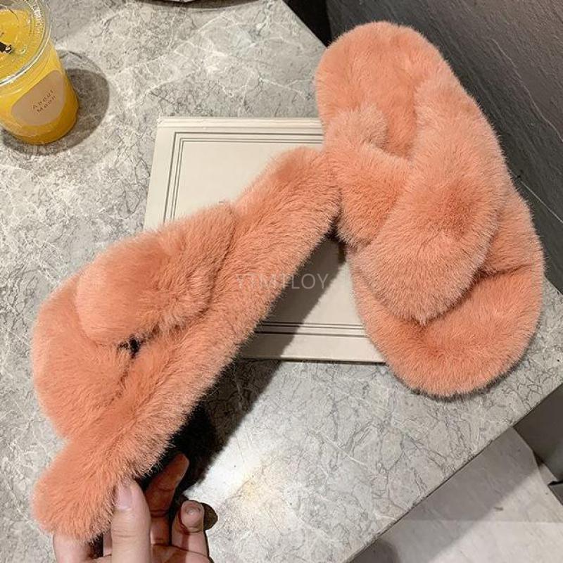 Women's Fluffy Fur Cross Band Memory Foam House Slippers