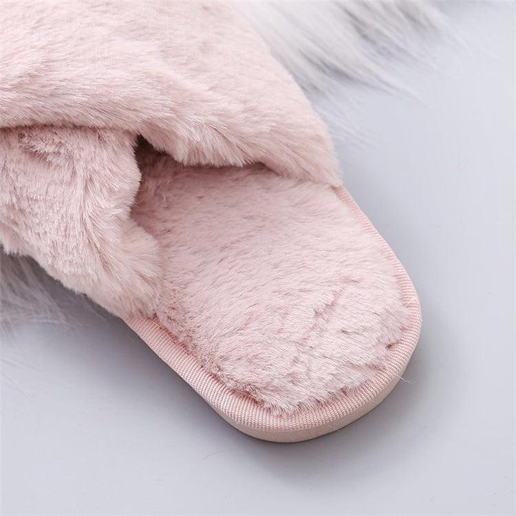 Women's Faux Fur Cross Band Slippers, Plush Open Toe House Slides