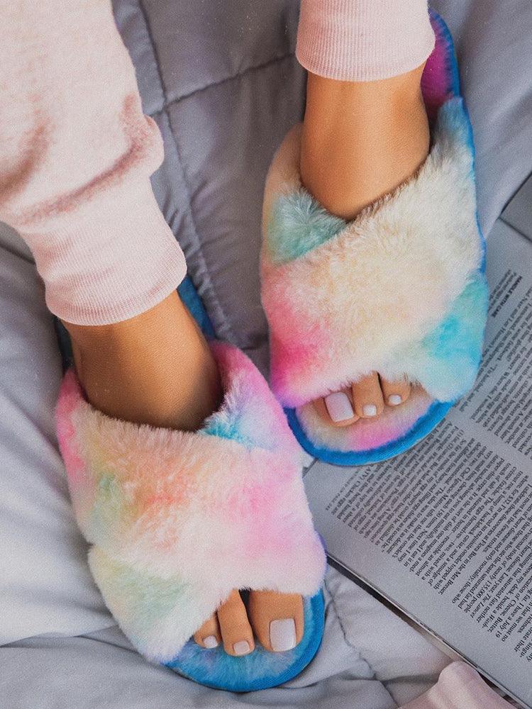 Women's Faux Fur Cross Band Slippers, Plush Open Toe House Slides