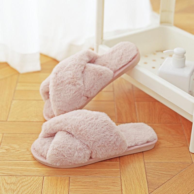 Women's Faux Fur Cross Band Slippers, Plush Open Toe House Slides