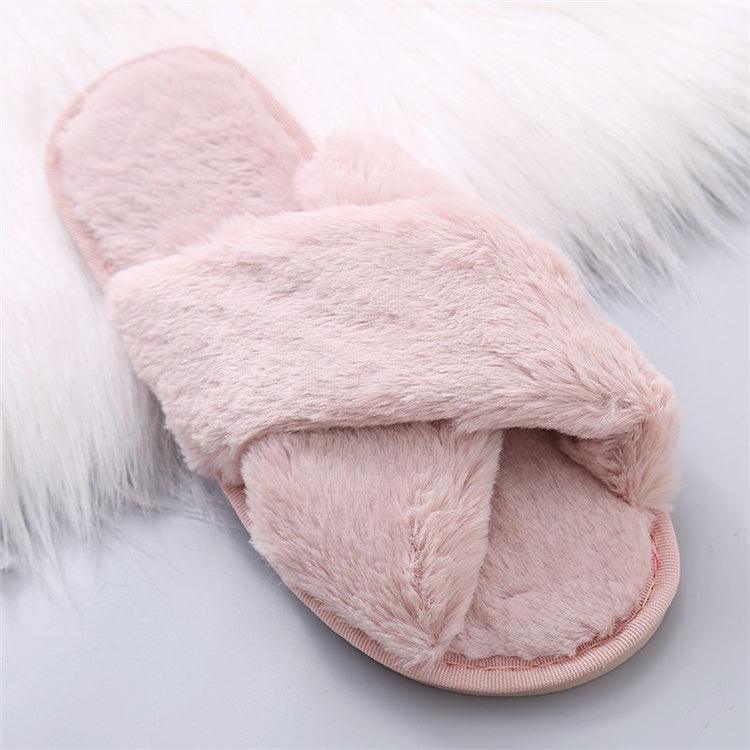 Women's Faux Fur Cross Band Slippers, Plush Open Toe House Slides