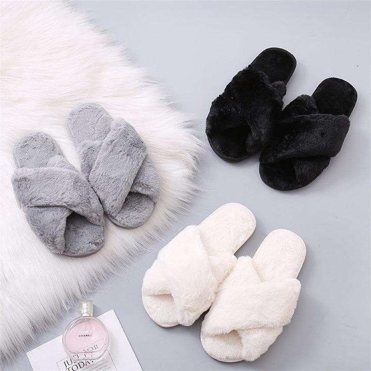 Women's Faux Fur Cross Band Slippers, Plush Open Toe House Slides