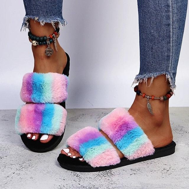 Women's Faux Fur Cross Band Slippers, Plush Open Toe House Slides