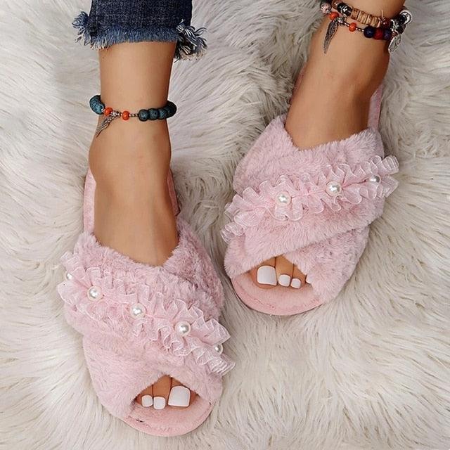 Women's Faux Fur Cross Band Slippers, Plush Open Toe House Slides