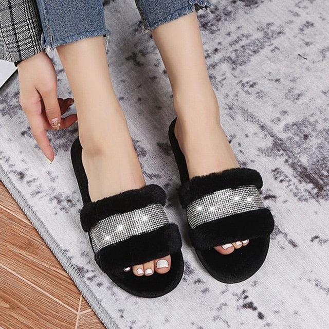 Women's Faux Fur Cross Band Slippers, Plush Open Toe House Slides