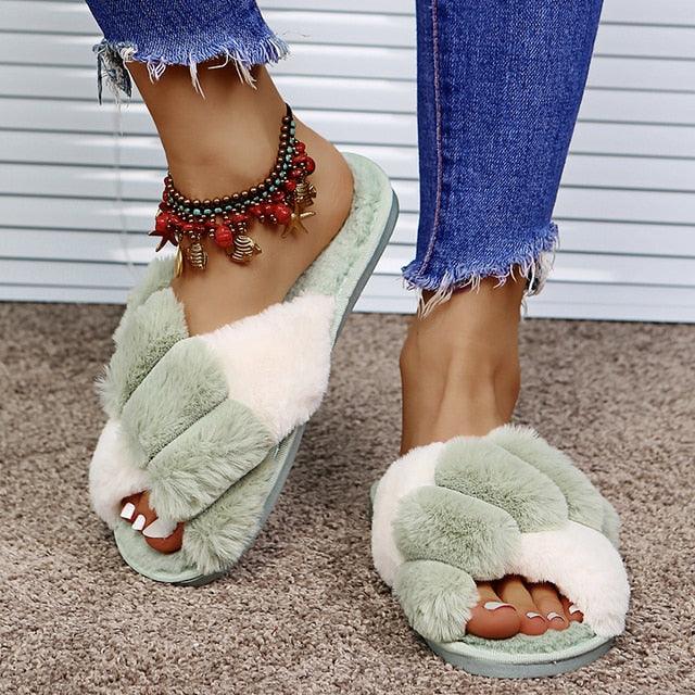 Women's Faux Fur Cross Band Slippers, Plush Open Toe House Slides