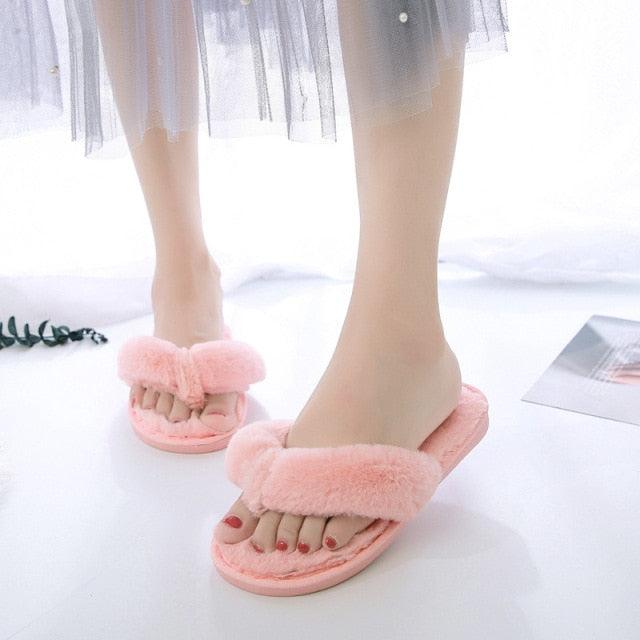 Women's Faux Fur Cross Band Slippers, Plush Open Toe House Slides