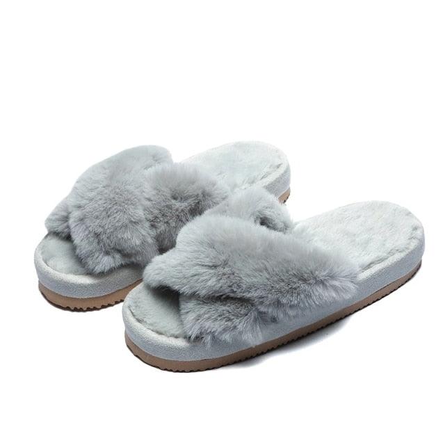 Women's Faux Fur Cross Band Slippers, Plush Open Toe House Slides