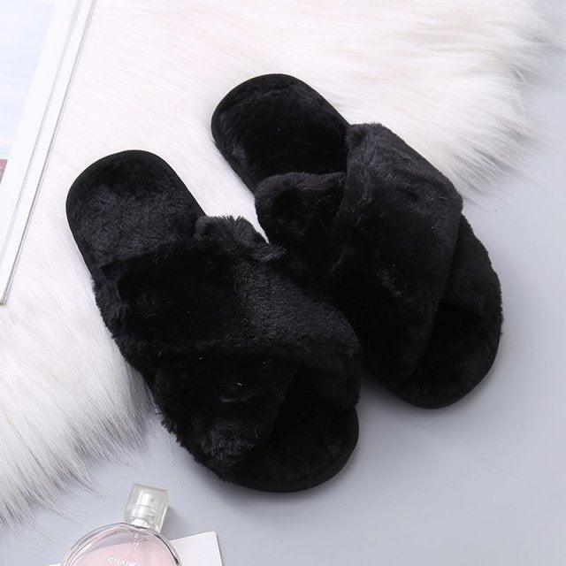 Women's Faux Fur Cross Band Slippers, Plush Open Toe House Slides