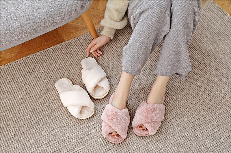 Women's Faux Fur Cross Band Slippers, Plush Open Toe House Slides