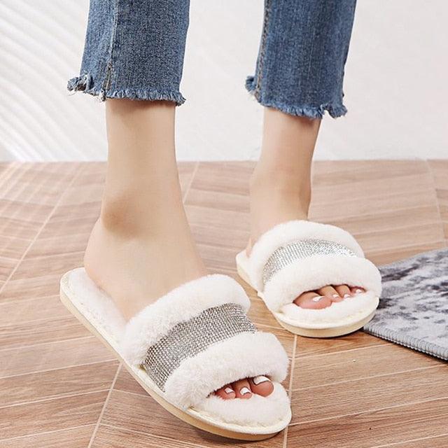 Women's Faux Fur Cross Band Slippers, Plush Open Toe House Slides