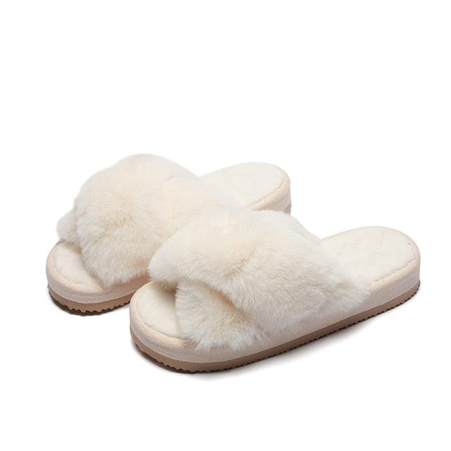Women's Faux Fur Cross Band Slippers, Plush Open Toe House Slides