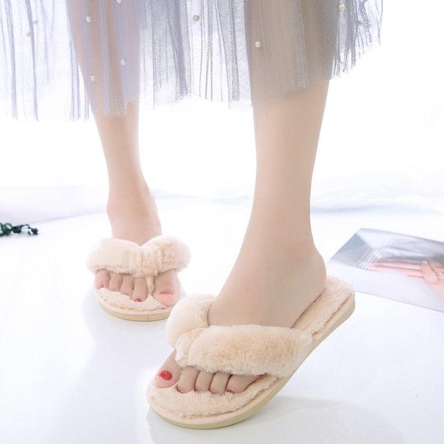 Women's Faux Fur Cross Band Slippers, Plush Open Toe House Slides