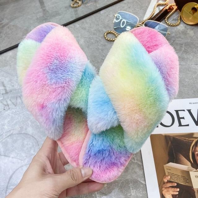 Women's Faux Fur Cross Band Slippers, Plush Open Toe House Slides