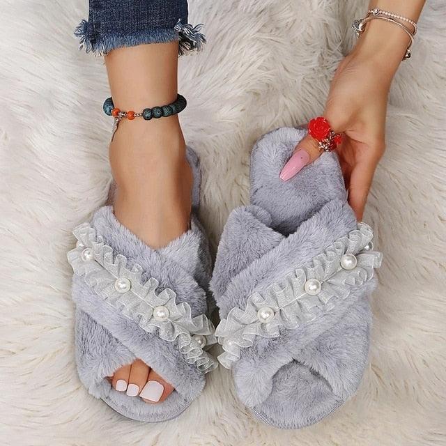 Women's Faux Fur Cross Band Slippers, Plush Open Toe House Slides