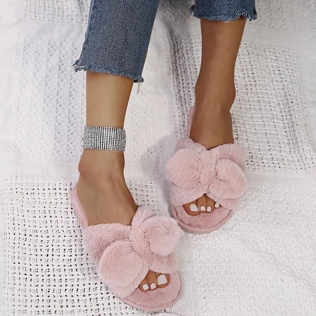 Women's Faux Fur Cross Band Slippers, Plush Open Toe House Slides