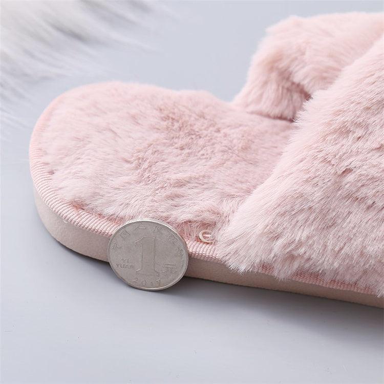 Women's Faux Fur Cross Band Slippers, Plush Open Toe House Slides