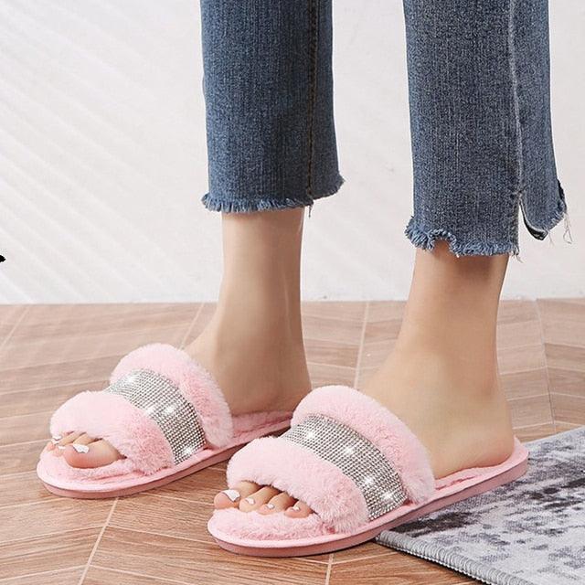 Women's Faux Fur Cross Band Slippers, Plush Open Toe House Slides
