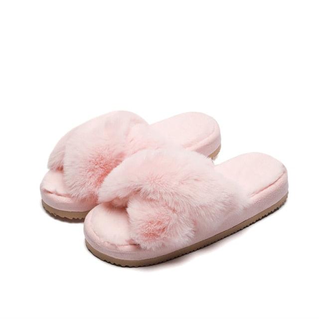 Women's Faux Fur Cross Band Slippers, Plush Open Toe House Slides