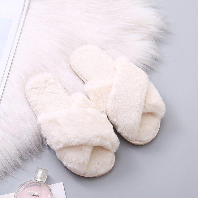 Women's Faux Fur Cross Band Slippers, Plush Open Toe House Slides