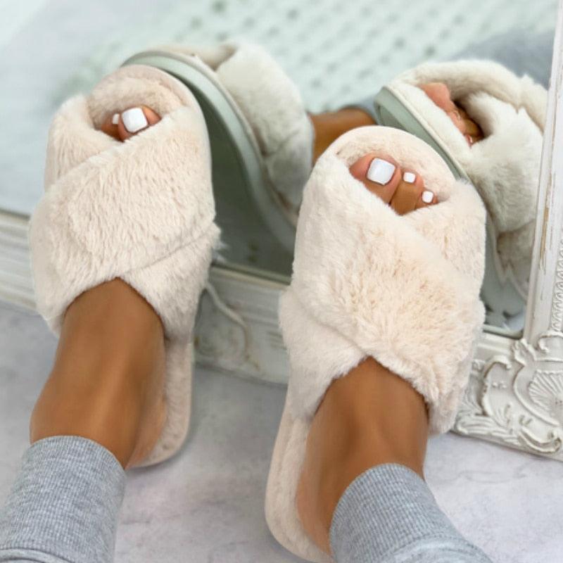 Women's Faux Fur Cross Band Slippers, Plush Open Toe House Slides