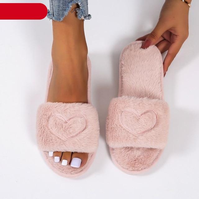 Women’s Fuzzy Heart Shape Spa Slides – Soft Faux Fur House Shoes