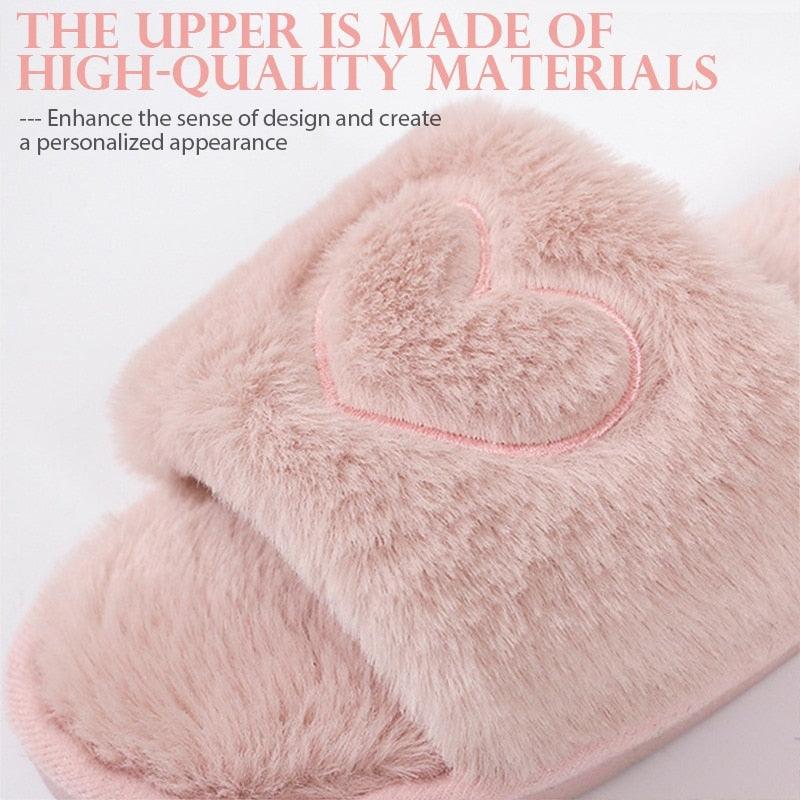 Women’s Fuzzy Heart Shape Spa Slides – Soft Faux Fur House Shoes