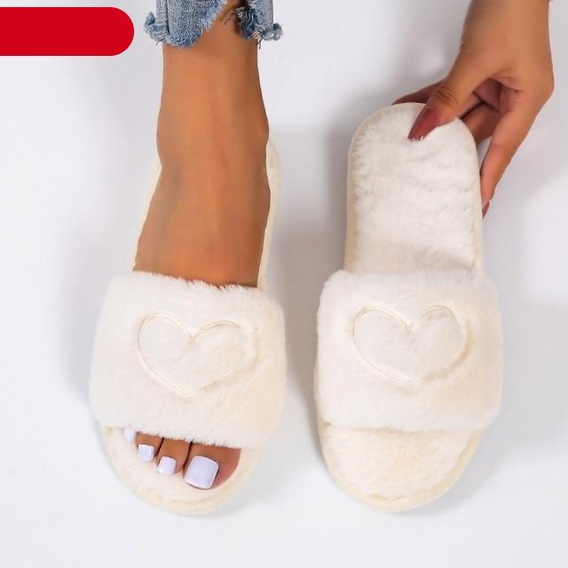 Women’s Fuzzy Heart Shape Spa Slides – Soft Faux Fur House Shoes
