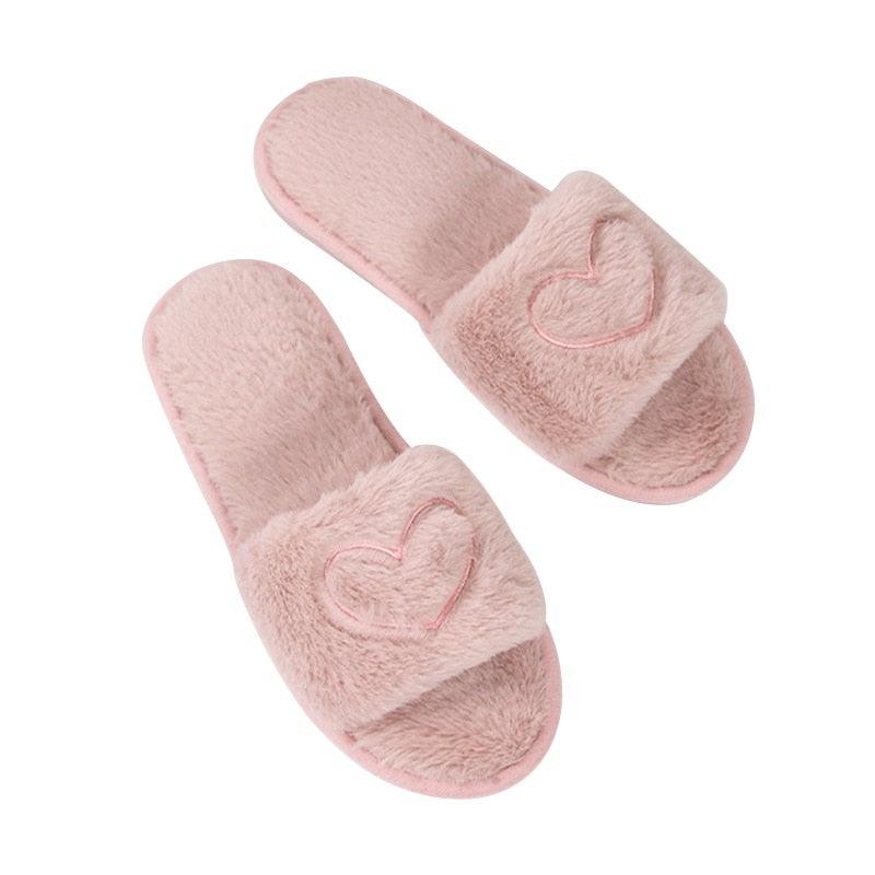 Women’s Fuzzy Heart Shape Spa Slides – Soft Faux Fur House Shoes