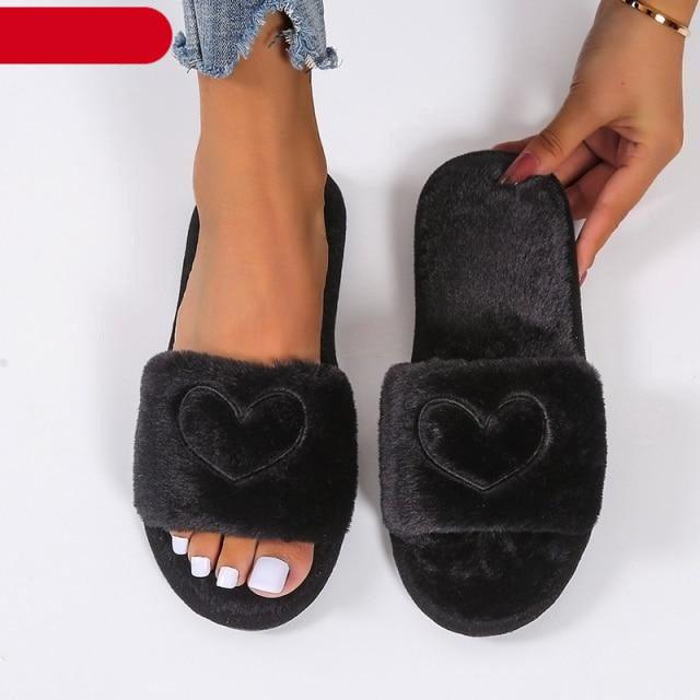 Women’s Fuzzy Heart Shape Spa Slides – Soft Faux Fur House Shoes