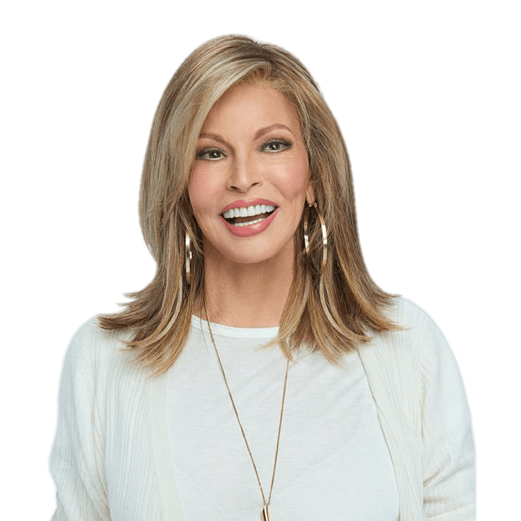 Woman wearing a shoulder-length Watch Me Wow wig with textured bangs and multi-tonal brown to blonde highlights.