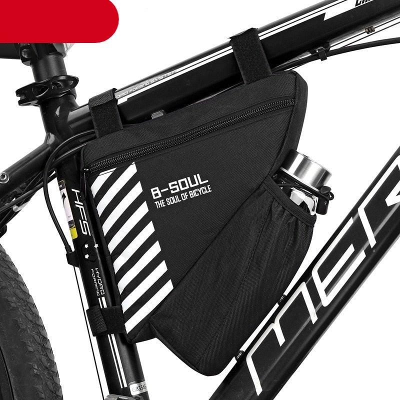 Waterproof polyester triangle bicycle frame bag mounted on a bike top tube