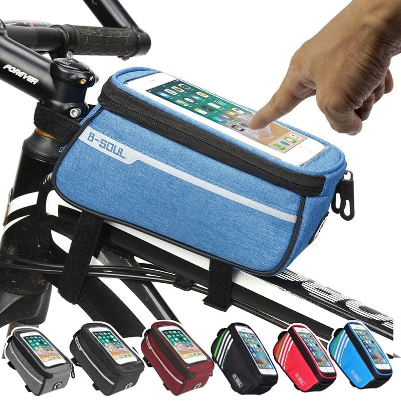 Waterproof bicycle front frame bag in black polyester with phone storage compartment