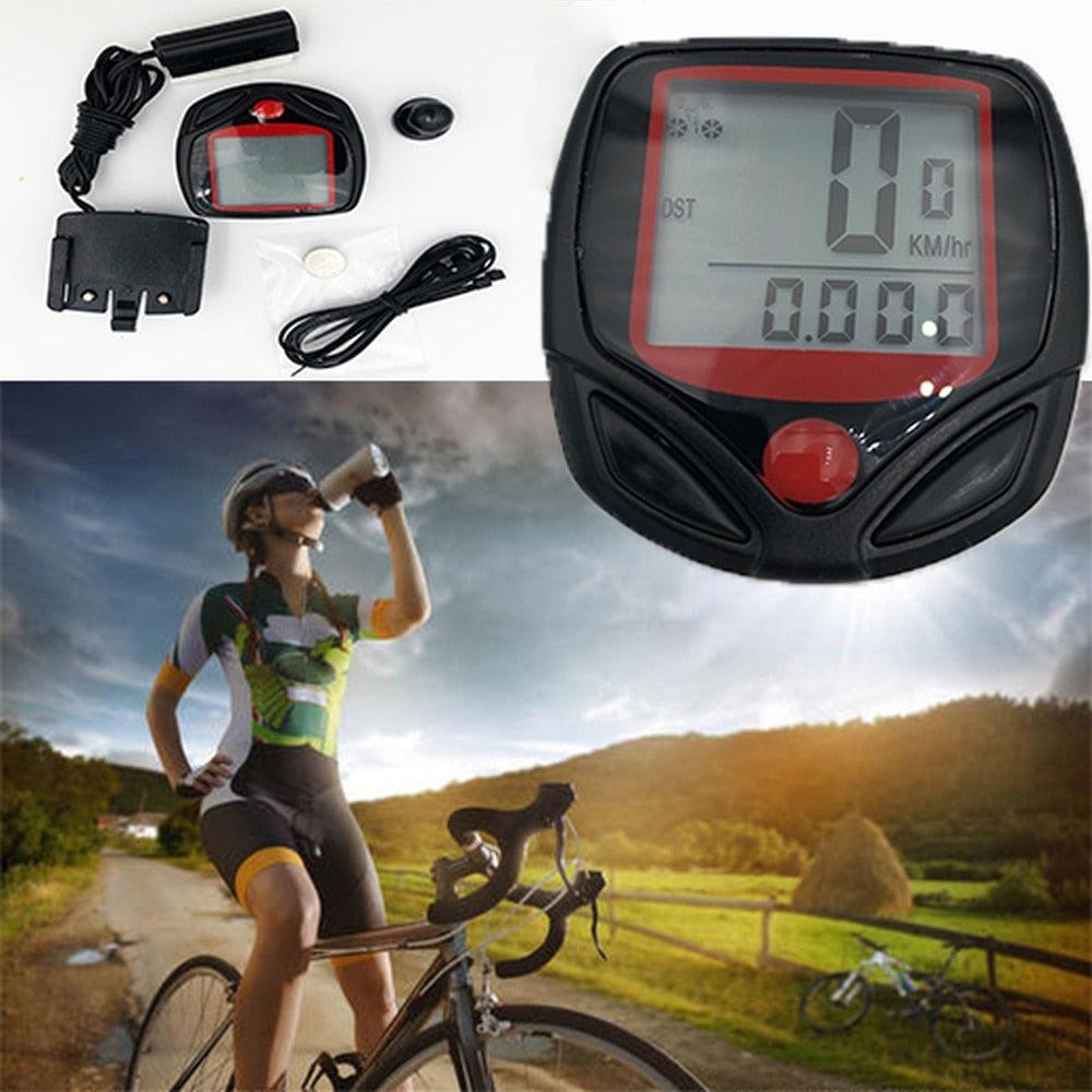 Stevvex waterproof digital bicycle speedometer with LCD display mounted on a bike handlebar