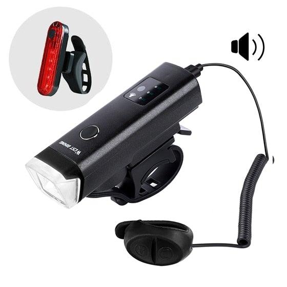 Modern matte black waterproof USB rechargeable bike headlight with integrated horn, 10cm length