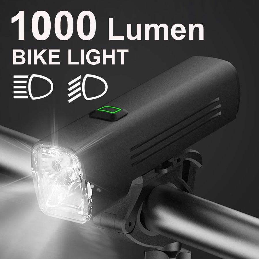 Black aluminum 1000 lumen LED bike headlight with USB charging cable