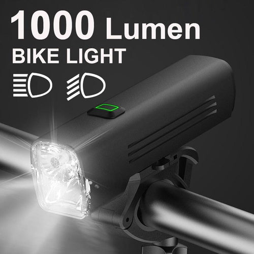 Black aluminum 1000 lumen LED bike headlight with USB charging cable