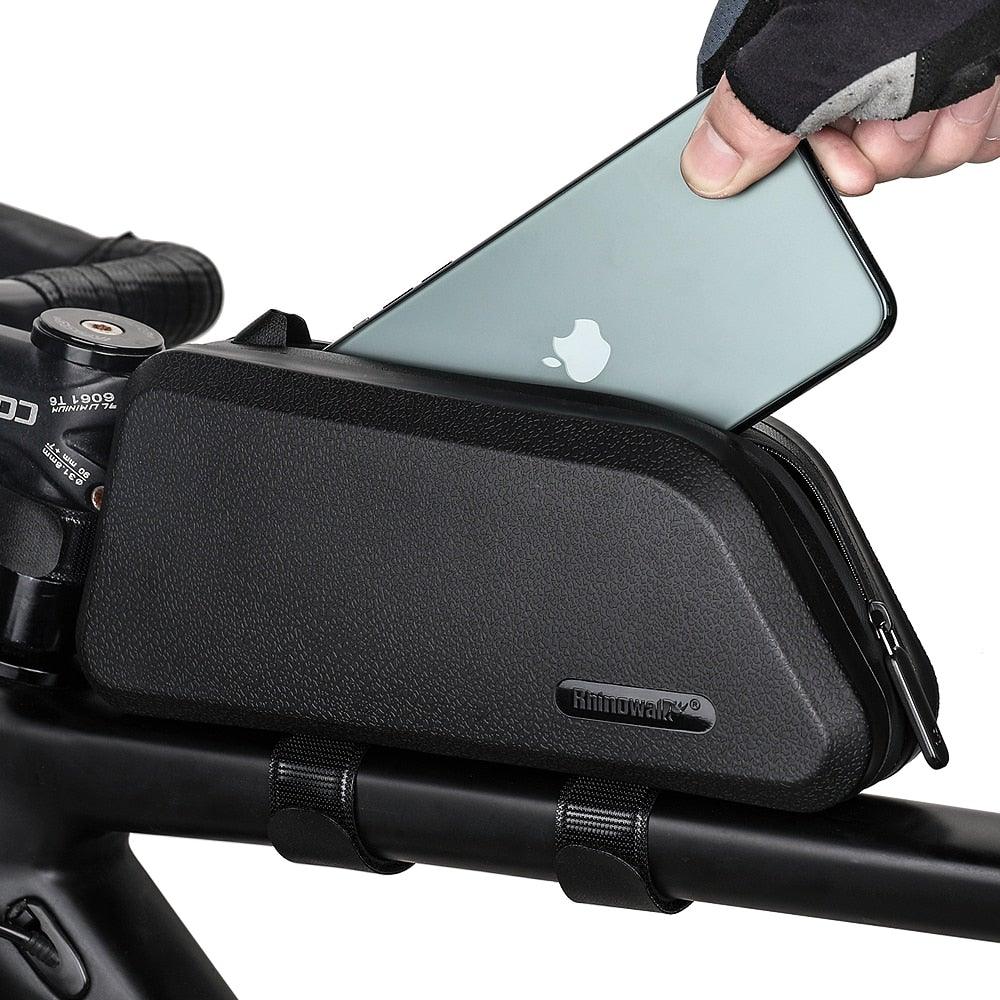 Black hard shell waterproof top tube bicycle bag
