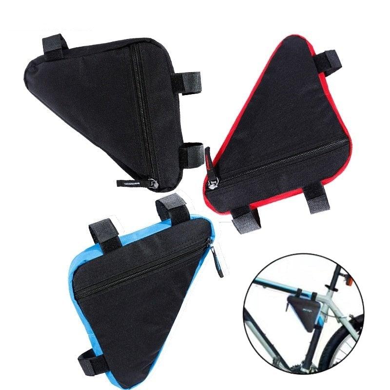 Waterproof triangle bike frame bag in black with color accent trim mounted on a bicycle frame.