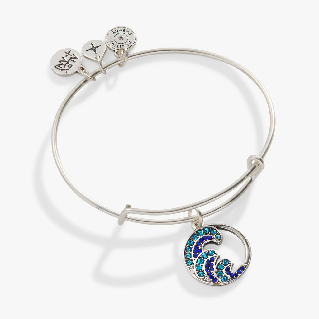 Antiqued silver tone wave charm bangle decorated with aquamarine and navy blue crystals