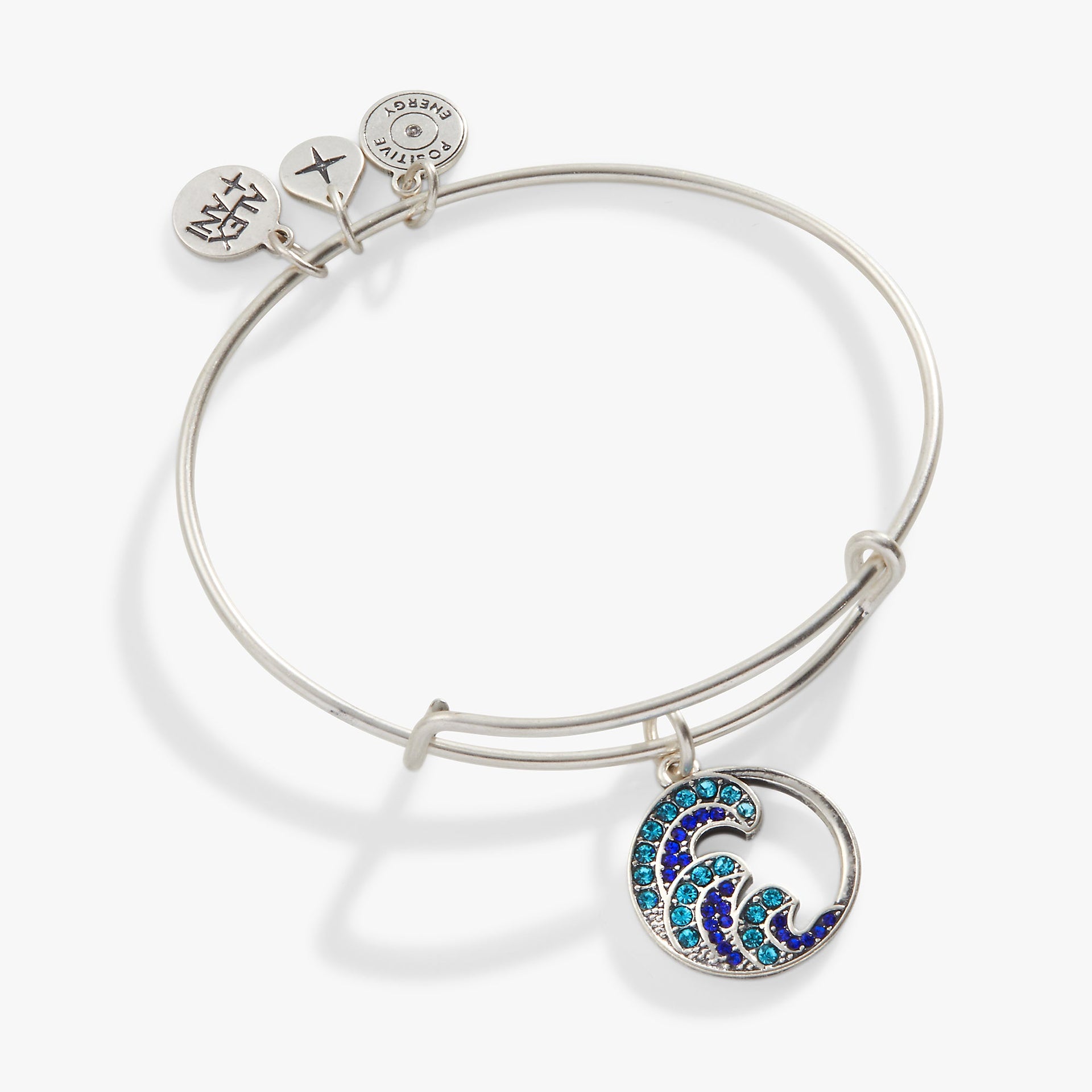 Antiqued silver tone wave charm bangle decorated with aquamarine and navy blue crystals